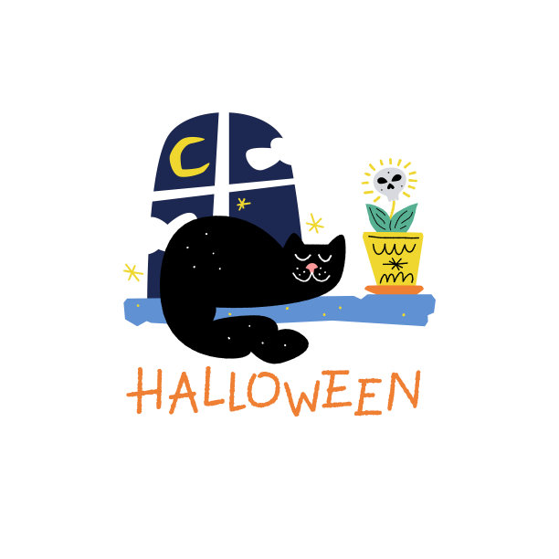 万圣节插画与睡着的猫图片下载