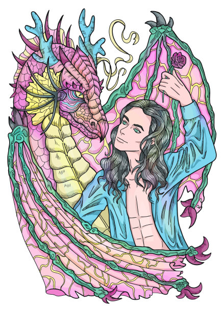 彩色矢量插画与幻想龙和英俊的战士性格男孩，英雄男子或王子孤立在白色，漫画卡通风格图片下载