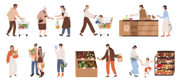 人们购买健康食品。一家人正在杂货店买东西。矢量插图不同的人一起或单独支付卖方的产品。图片下载