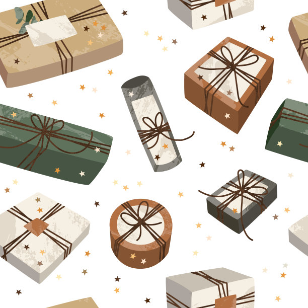 无缝模式与圣诞礼物在牛皮纸包装纸。乡村工艺礼盒。手工制作的装饰,DIY。庆祝圣诞和新年。矢量平面卡通插画，节日背景图片下载