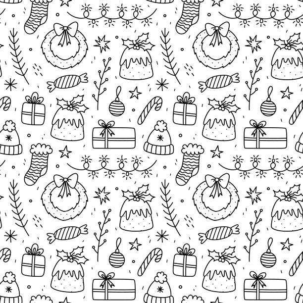 可爱的圣诞无缝模式与礼物，节日花环，小玩意，花环，圣诞布丁，杉木树枝和星星。矢量手绘涂鸦插图。非常适合用于包装纸，包装，装饰图片下载