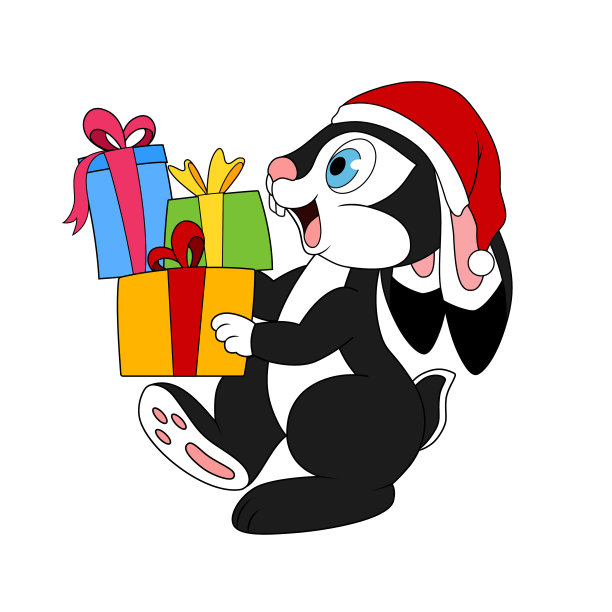黑兔带着很多装着礼物的盒子。可爱的卡通兔子戴着圣诞帽，拿着装着礼物的盒子。兔子作为2023年中国新年的象征。给孩子们的新年艺术。兔年。图片下载