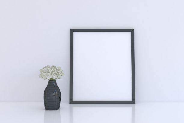 白墙附近的模型框架和花瓶的3D渲染图片下载