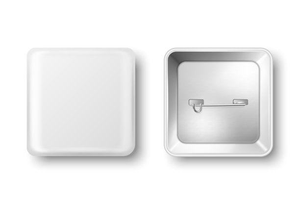 矢量3d真实正方形白色金属空白空按钮徽章图标隔离。按钮销徽章。光滑的胸针销。俯视图-正面和背面。模板的品牌，模型图片下载