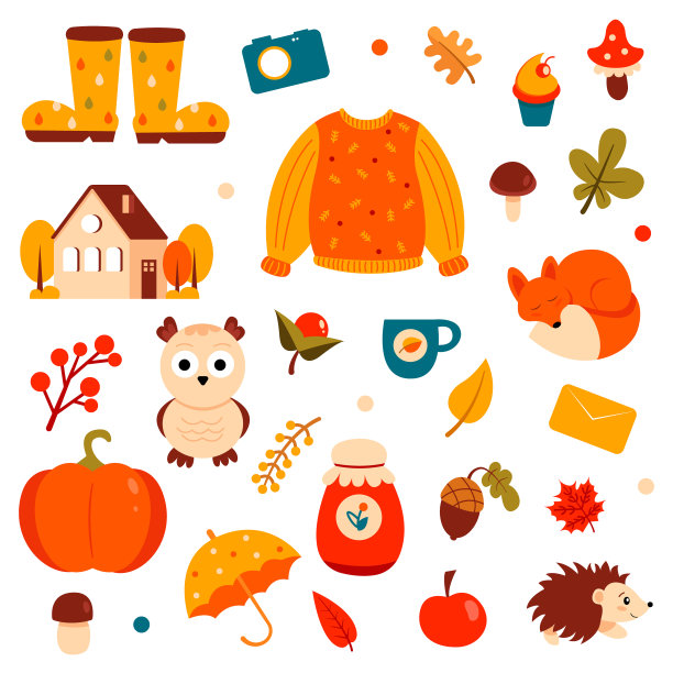 秋天的元素:毛衣，狐狸，刺猬，树叶，房子，猫头鹰，靴子，伞，蘑菇和更多。插图。图片下载