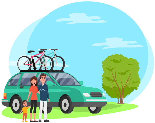 年轻家庭出行，父母和孩子在车旁搬运自行车图片下载