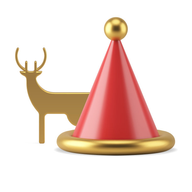 圣诞老人红色锥帽装饰金色元素和苗条的森林鹿小玩意3d图标向量图片下载