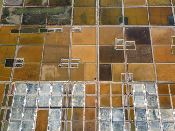 传统海盐生产基地盐田鸟瞰图图片下载