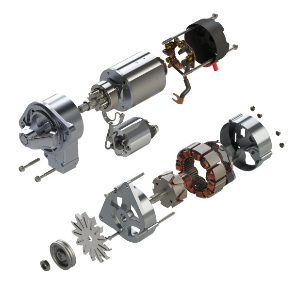 汽车启动器和交流发电机在爆炸视图3D插图隔离在白色背景图片下载