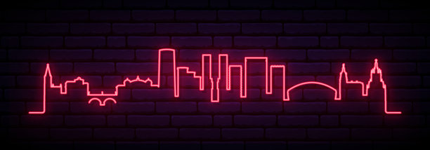 毕尔巴鄂的红色霓虹天际线。图片下载