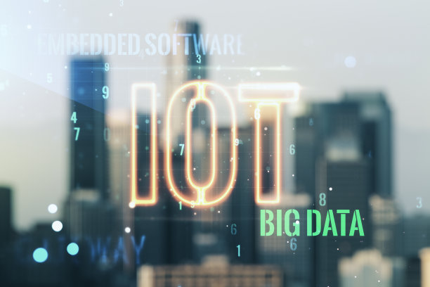 模糊城市景观背景下抽象虚拟物联网全息图的双重曝光，研发理念图片下载