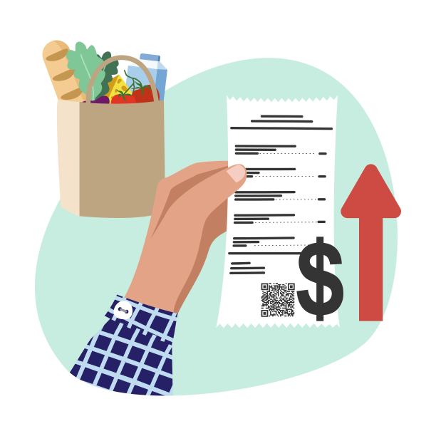 不断上涨的食品价格。一个人的手拿着购买食品杂货的收据图片下载