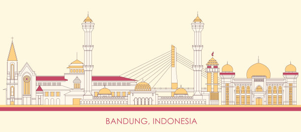 卡通天际线全景的城市万隆，印度尼西亚图片下载