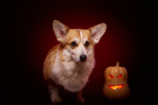 一只邪恶的柯基犬，红色背景的万圣节南瓜。图片下载