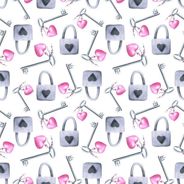一把带心形钥匙孔的锁，一把带粉色心形钥匙扣和珠子的钥匙。水彩插图。白色背景上的无缝图案来自情人节系列。图片下载