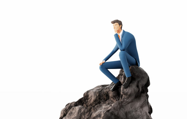 成功的商人西装革履，坐在山巅的岩石上。思维的商人。解决问题，分析问题，找到解决方案的概念。3 d渲染图图片下载