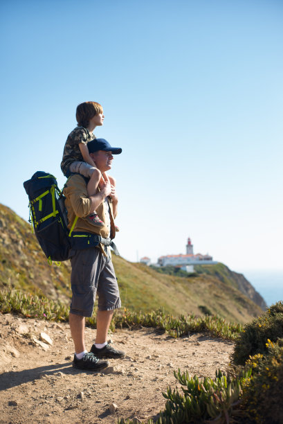父子俩在山上欣赏风景图片下载