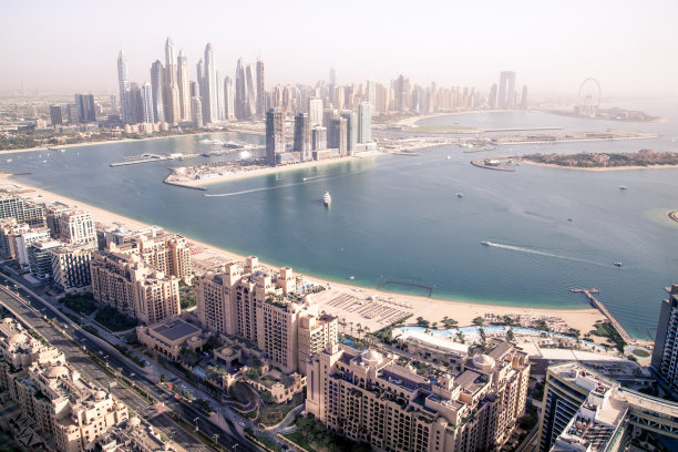 阿联酋迪拜码头住宅和办公摩天大楼日落景色图片下载