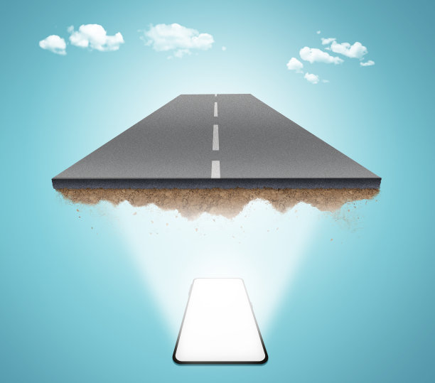 从移动出来的路。购物在移动。创意广告和模型。设计广告。旅游度假道路广告。道路的三维插图。图片下载