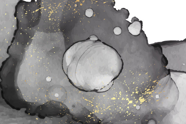 水彩背景与抽象的黑色墨水波和金色的飞溅。图片下载