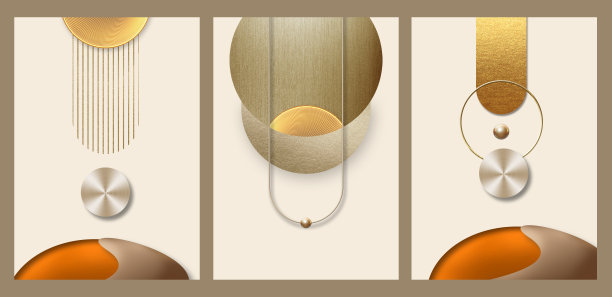 3d插图背景壁纸。金色，橙色的形状，金色的线条和球体。用于室内墙壁家居装饰图片下载