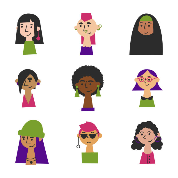 不同种族、肤色和发型的女性面孔：女性力量、女性多样性和平等扁平矢量插图图片下载