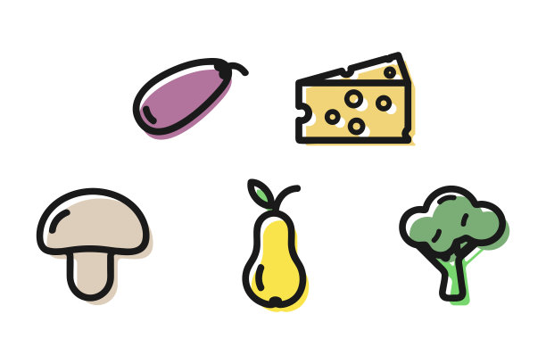 食物、蔬菜和水果的矢量图标。一套黑色轮廓剪贴画与彩色背景描绘茄子，奶酪，梨，蘑菇，花椰菜。彩色孤立向量元素。图片下载
