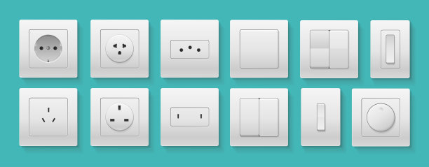 逼真详细的3d塑料墙开关和电源插座套装。向量图片下载