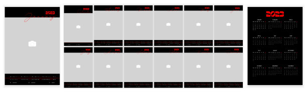 墙壁每月照片日历2023。2023年英文简体垂直月历布局。封面日历，12个月模板。一周从星期一、三开始。矢量图图片下载