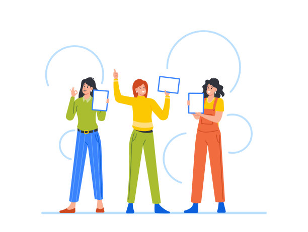 现代设备桌面女性形象广告或应用及手势矢量插画图片下载