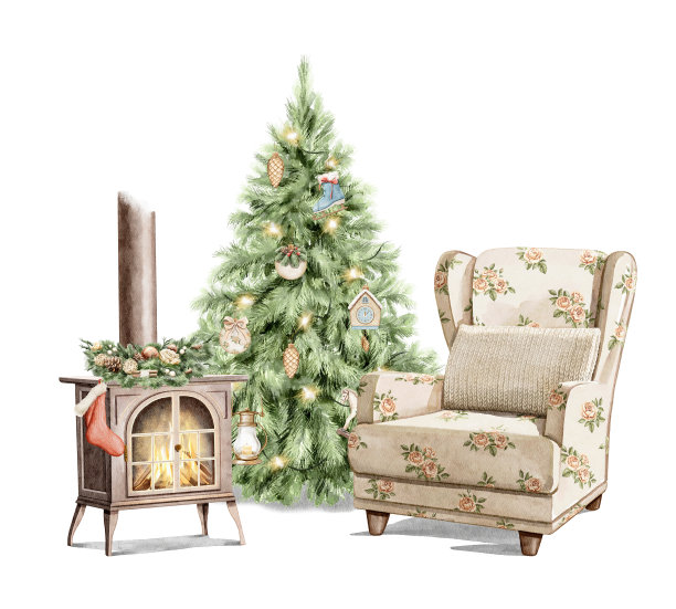 水彩卡通扶手椅，针织枕头和壁炉附近的圣诞树图片下载