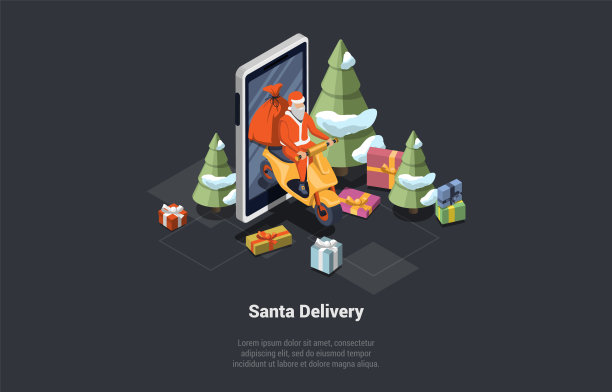 寒假的概念。快乐的圣诞老人骑着摩托车给大人和孩子们送礼物，祝大家圣诞快乐，新年快乐。等距卡通三维矢量插图图片下载