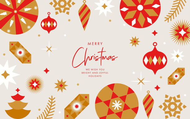 圣诞和新年快乐贺卡，海报，节日封面。现代圣诞设计的几何图案在红色，金色和白色的颜色。圣诞树，球，星星，雪花和糖果图片下载
