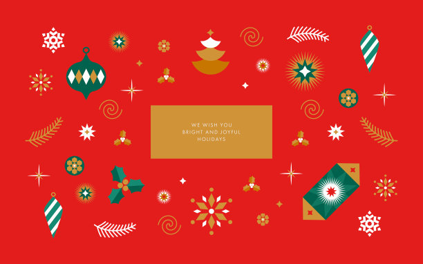 圣诞和新年快乐贺卡，海报，节日封面。现代圣诞设计的几何图案在红色，金色，绿色，白色的颜色。圣诞树，球，星星，雪花和糖果图片下载