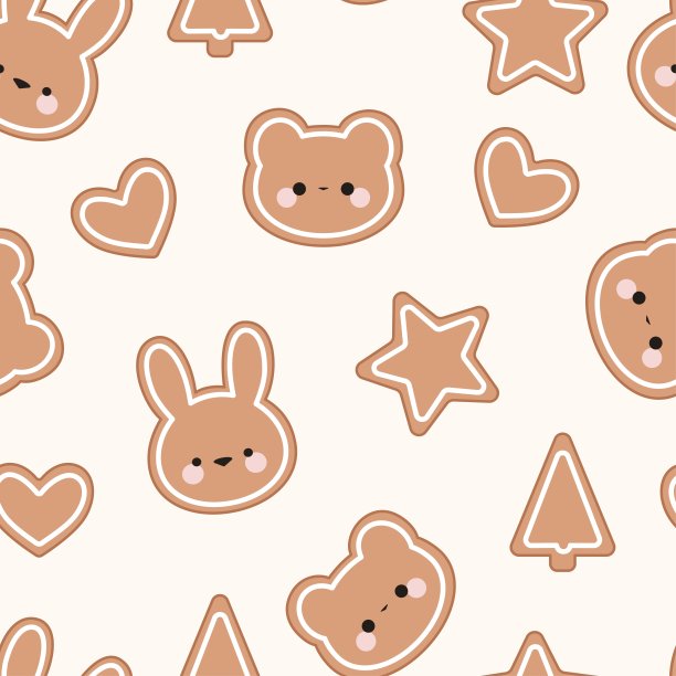 无缝模式的不同饼干。可爱的兔子和熊，星星，心和新年树。米色背景。卡哇伊风格。图片下载