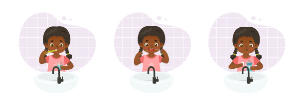 牙齿卫生系列卡通孩子。可爱的女孩在水池前刷牙。日常牙科护理套装。图片下载