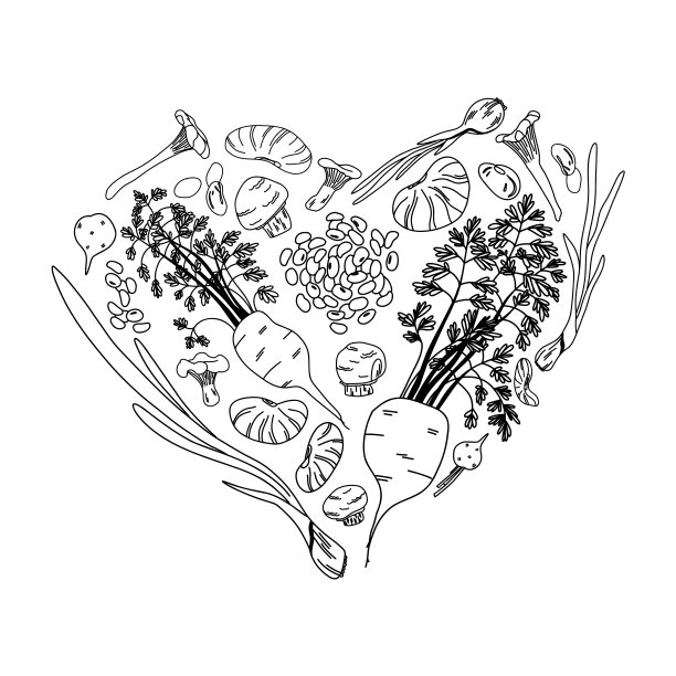 用胡萝卜、豆子、蘑菇、甜菜和大葱叠成的蔬菜心，艺术风格图片下载