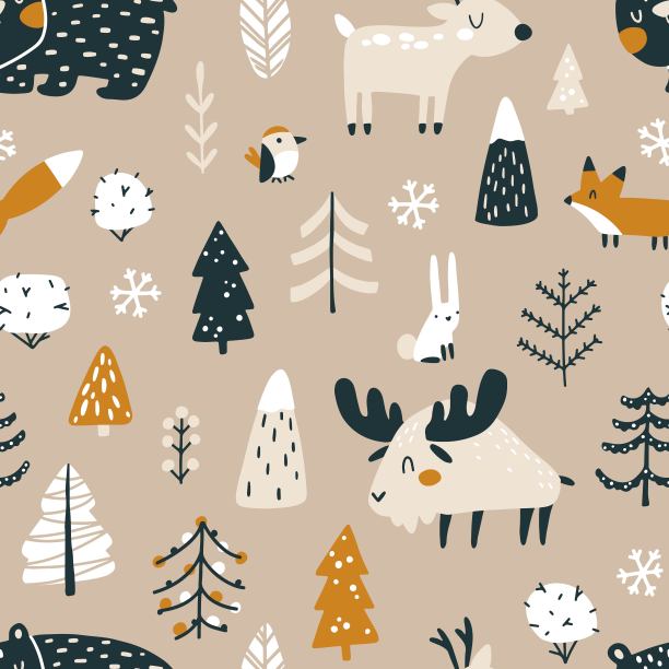 冬季圣诞节的无缝模式与可爱的森林动物和圣诞树。矢量天真的手绘插画在简单的斯堪的纳维亚风格。有限的土色调色板非常适合纺织。图片下载