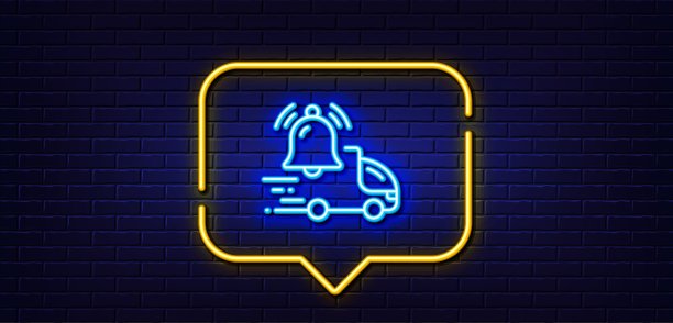 送货通知行图标。警铃提醒标志。霓虹灯说话泡泡。向量图片下载