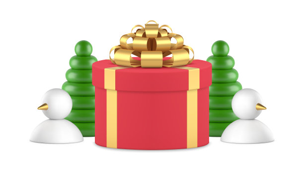 高级红色礼盒抽象气球圣诞树和雪人现实3d图标矢量图片下载