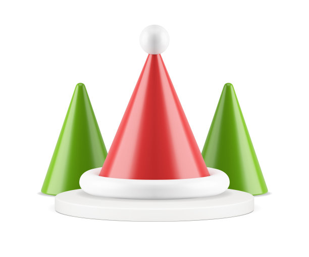 红色圣诞老人锥帽基座与绿色几何圣诞树逼真的3d图标矢量图片下载