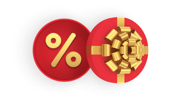 圣诞特卖溢价圈打开红色礼盒百分比符号俯视图逼真3d图标矢量图片下载