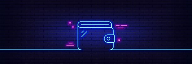 钱包行图标。钱的钱包的迹象。霓虹灯辉光效果。向量图片下载