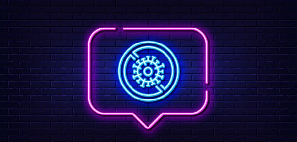 停止冠状病毒线图标。Covid-19大流行病毒体征。霓虹灯说话泡泡。向量图片下载