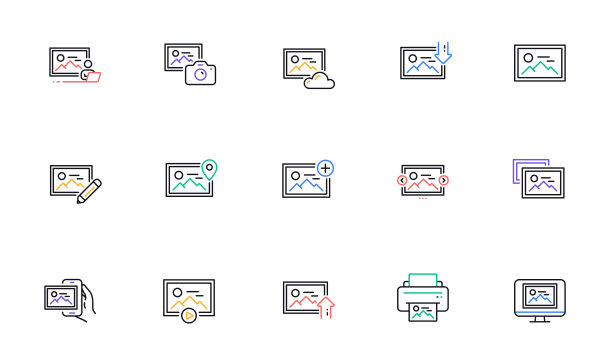 照片行图标。打印图片，拍照，上传图片图标。编辑图像，播放演示文稿。向量图片下载