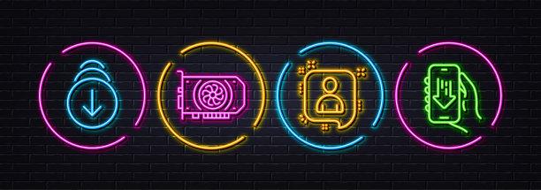 向下滚动，开发者聊天和Gpu最小的线图标。对于网页应用，打印。氖激光3d灯。向量图片下载