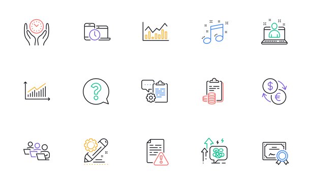 团队合作，时间管理和音乐笔记线图标的网站，印刷。为设计。向量图片下载