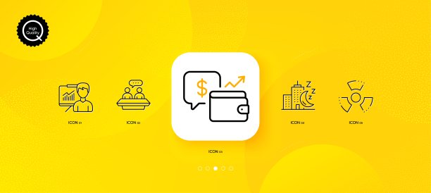 员工谈话，钱包和化学危害最小线图标。对于网页应用，打印。向量图片下载