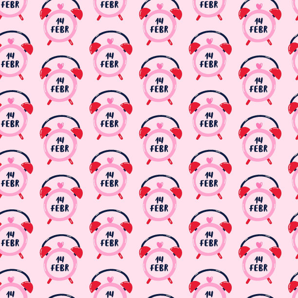 矢量无缝手绘图案与时髦的闹钟与日期2月14日的时钟面。情人节的插图。用于包装纸，床上用品，笔记本，包装，礼品纸图片下载