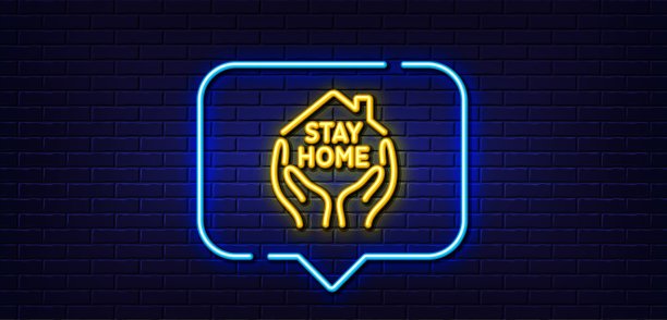 呆在家里行图标。冠状病毒大流行检疫标志。霓虹灯说话泡泡。向量图片下载